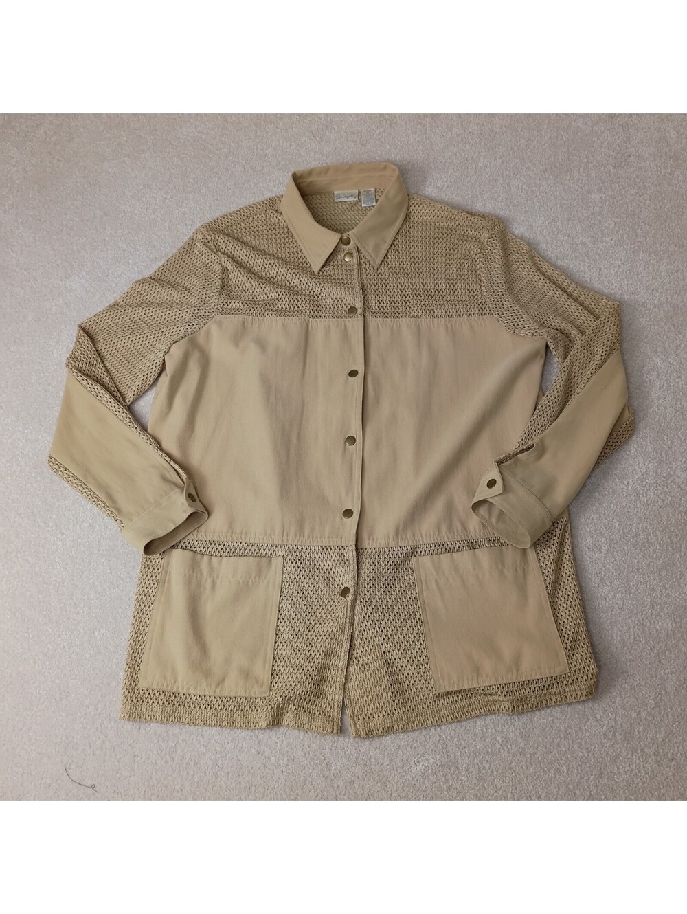 SPIEGEL Mesh Jacket Sz XL Tan Pockets Snap Front Woven Button Down Safari
